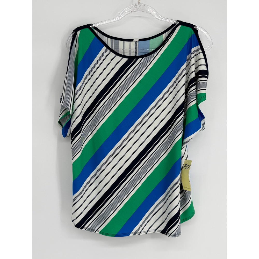 PerSeption Concept Women Sz XL‎ Striped Cold Shoulder Blouse Green Blue White